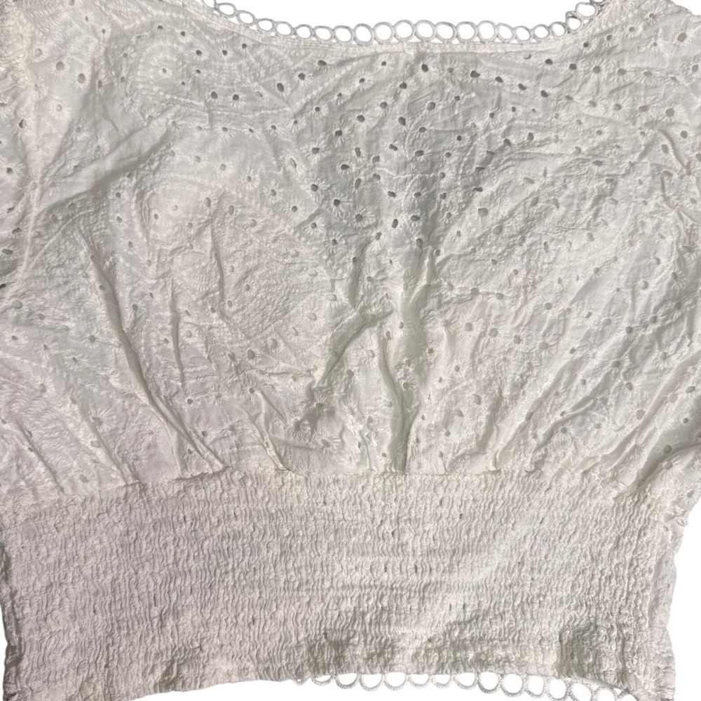 White Eyelet Lace V-Neck Crop Top Smocked Back Puff Sleeve Boho Cottagecore - Picture 12 of 12